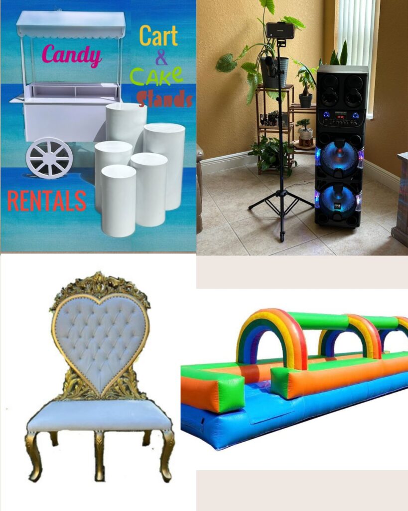 party events cake cylinders stantions gender reveal thrones candy cart karaoke machine rentals