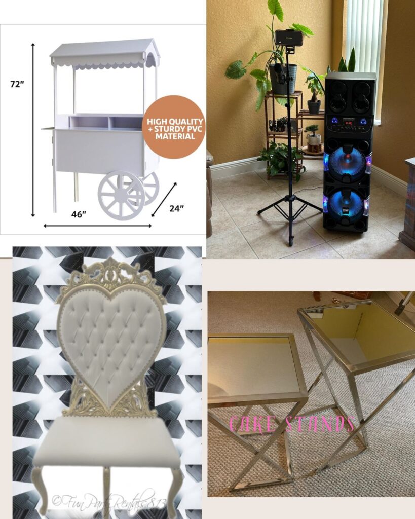 party events cake cylinders stantions gender reveal thrones candy cart karaoke machine rentals